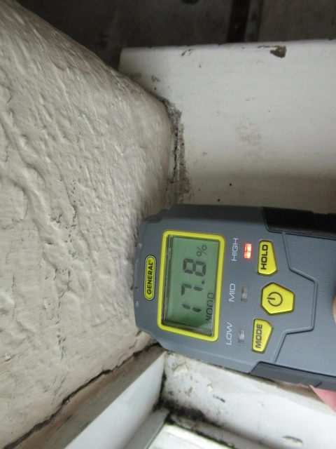 This area had no evidence of water stains or peeling paint but I felt I should check all windows and found high moisture at several during the inspection.