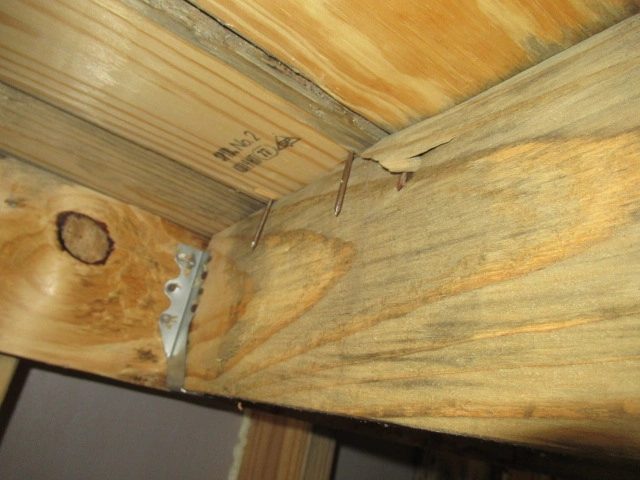 Nails that have missed the stringer found during the frame phase Third Party Inspection. These nails will cause sqeaking stairs later on.